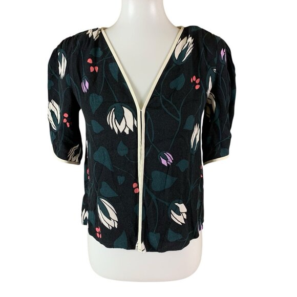 Kate Spade Deco Bloom Crepe Blouse Black Floral Print V Neck Elegant XS - Picture 2 of 6